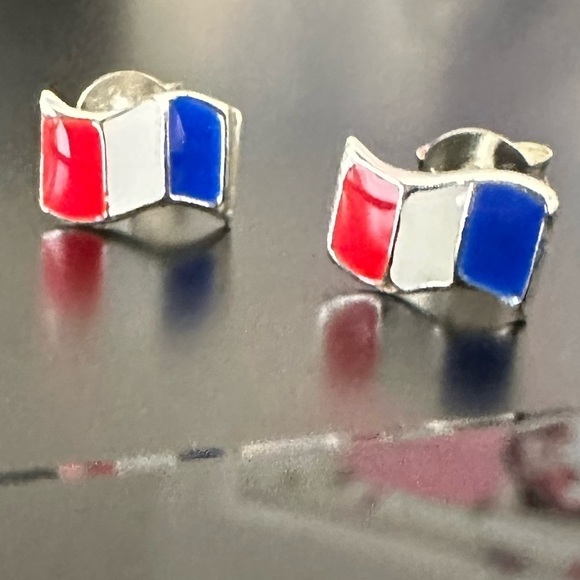 Sterling Silver and Enamel French Flag Tiny Stud Earrings - Picture 8 of 9